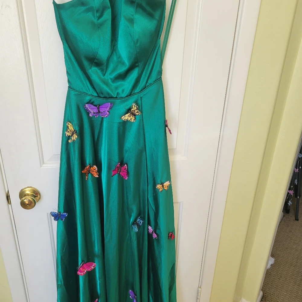 Blondie NITES Evening Gown Maxi Dress Green Satin Crossback BUTTERFLY